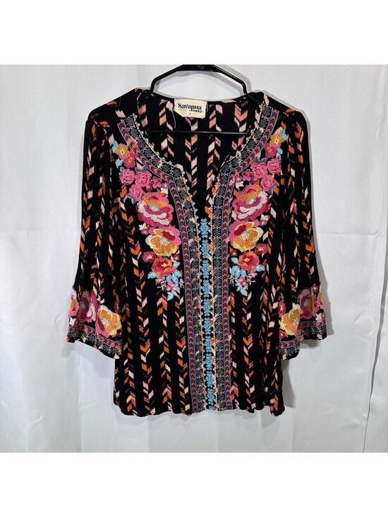 Savanna Jane Tops - Savanna Jane Black Top with Floral Embroidery